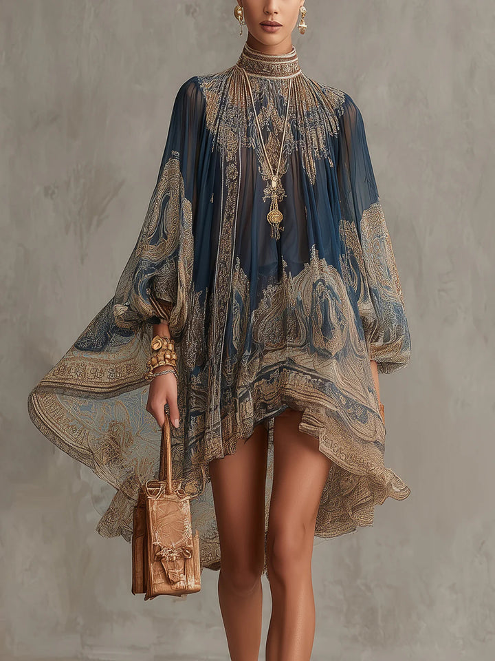 Bérénice | Robe Mini en Mousseline Asymétrique avec Imprimé Baroque Bleu Marine et Col Haut