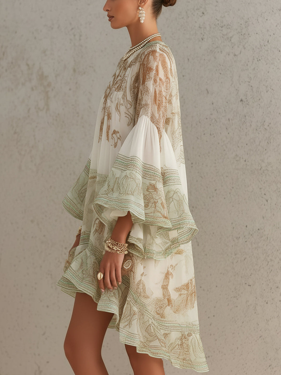 Rosalie | Robe Mini en Mousseline avec Manches Volantes et Ourlet Rayé Vert