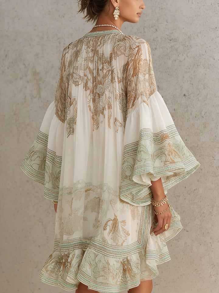 Rosalie | Robe Mini en Mousseline avec Manches Volantes et Ourlet Rayé Vert