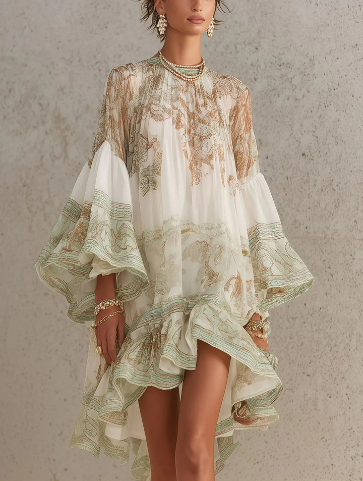 Rosalie | Robe Mini en Mousseline avec Manches Volantes et Ourlet Rayé Vert