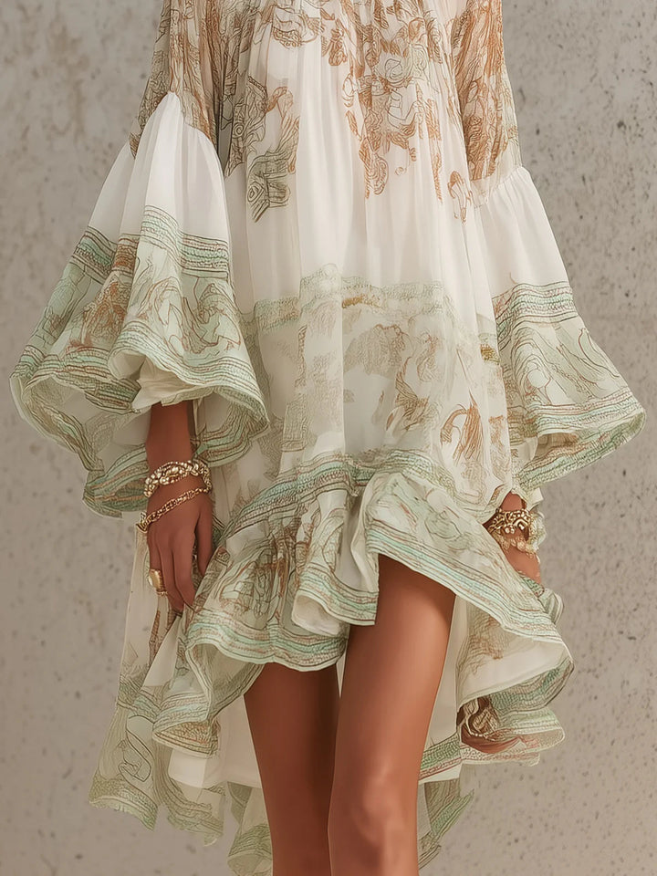 Rosalie | Robe Mini en Mousseline avec Manches Volantes et Ourlet Rayé Vert