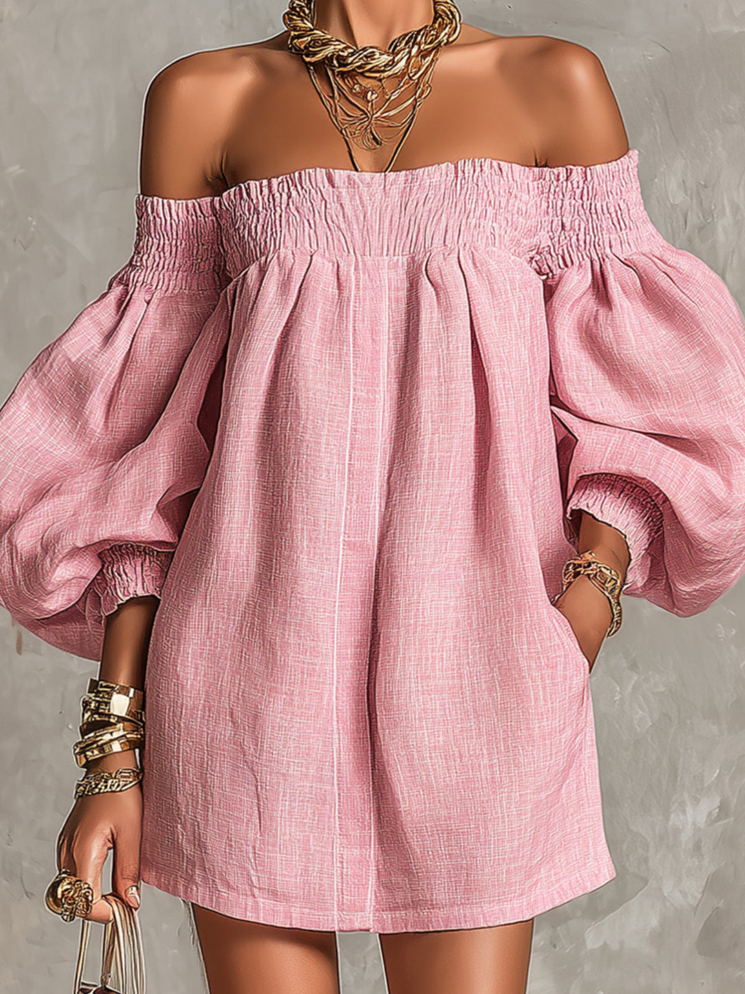 Violette | Robe Mini Trapèze Rose avec Manches Lanternes et Épaules Nues