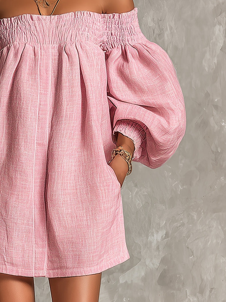 Violette | Robe Mini Trapèze Rose avec Manches Lanternes et Épaules Nues