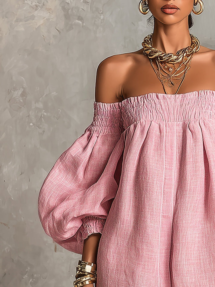 Violette | Robe Mini Trapèze Rose avec Manches Lanternes et Épaules Nues