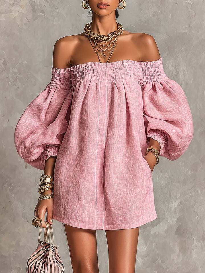 Violette | Robe Mini Trapèze Rose avec Manches Lanternes et Épaules Nues