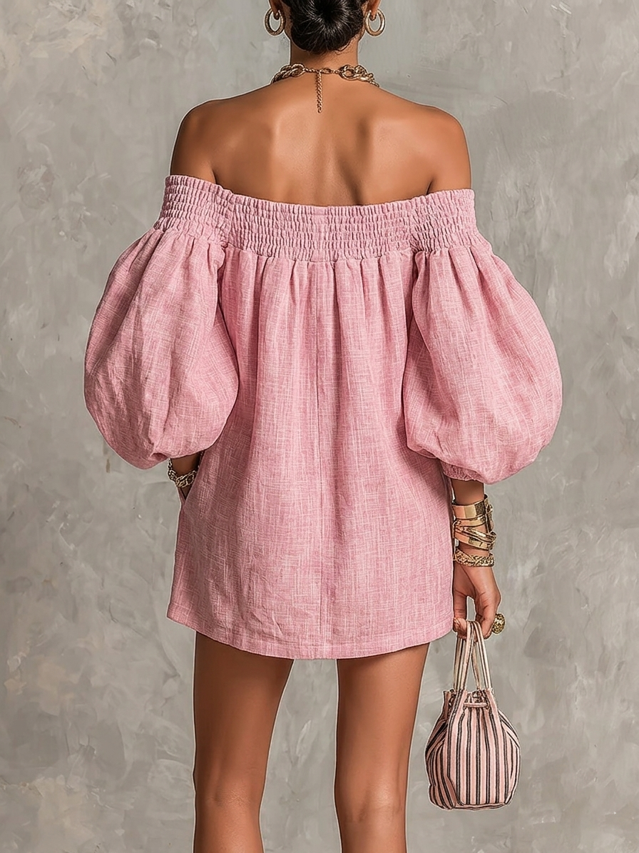Violette | Robe Mini Trapèze Rose avec Manches Lanternes et Épaules Nues
