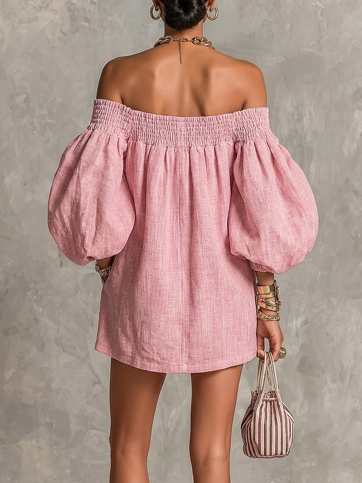Violette | Robe Mini Trapèze Rose avec Manches Lanternes et Épaules Nues