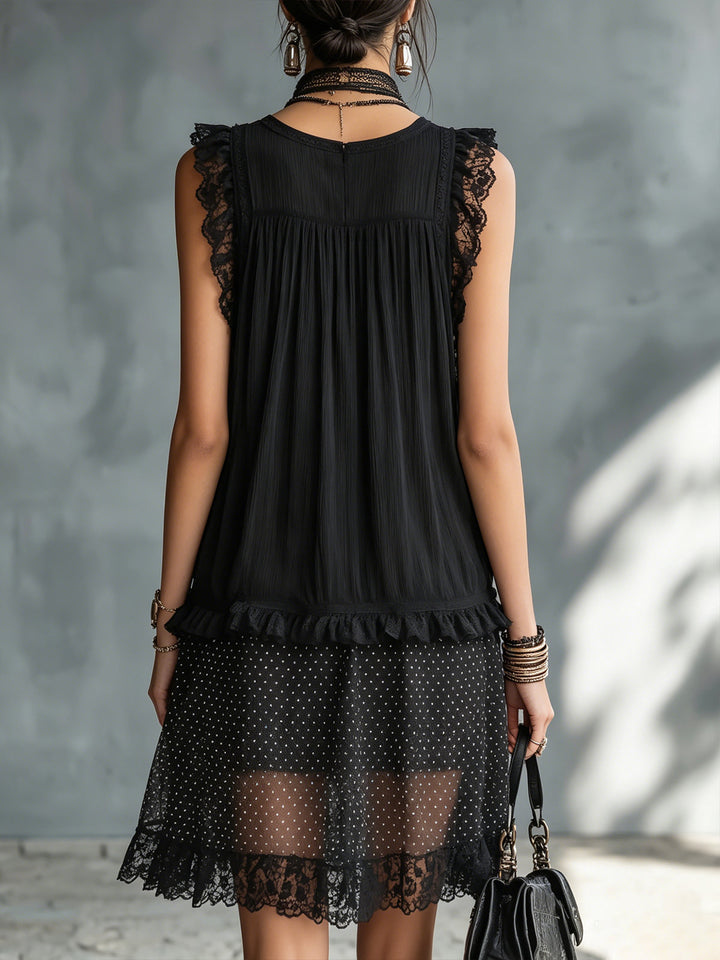 Pauline | Robe Mini Transparente à Pois, Volants et Bord en Dentelle Noire