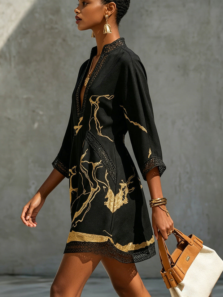 Fortuna | Robe mini noire avec broderies dorées