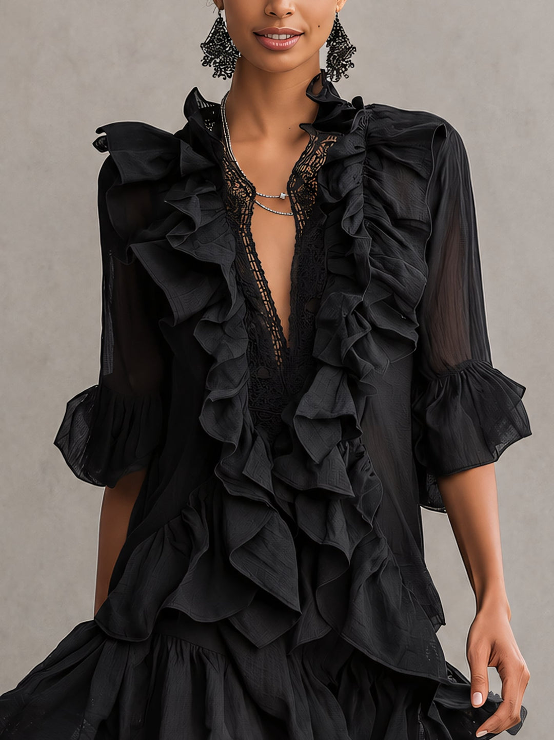 Anaïs | Robe Mini en Mousseline Noire avec Volants
