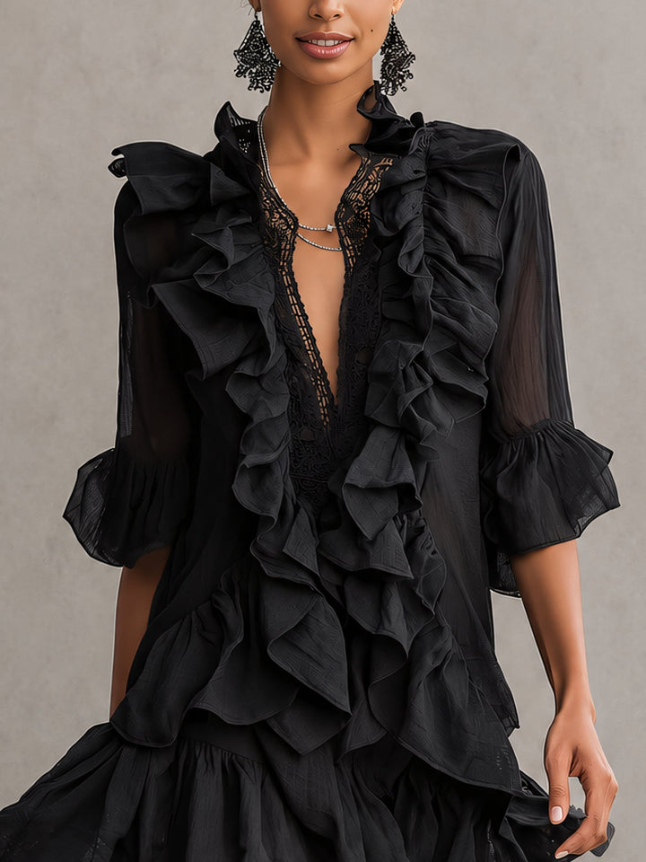 Anaïs | Robe Mini en Mousseline Noire avec Volants