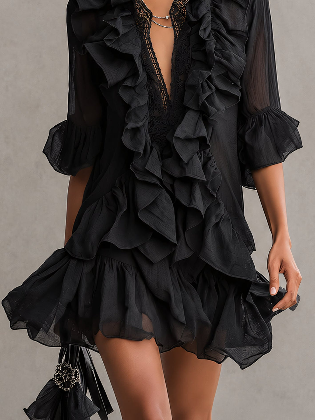 Anaïs | Robe Mini en Mousseline Noire avec Volants
