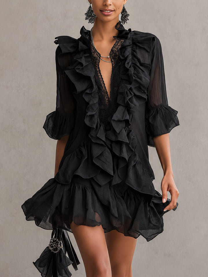 Anaïs | Robe Mini en Mousseline Noire avec Volants