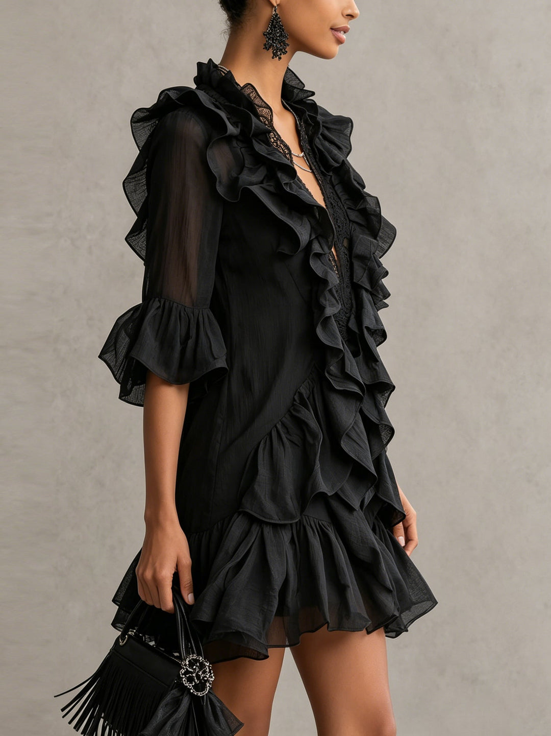 Anaïs | Robe Mini en Mousseline Noire avec Volants