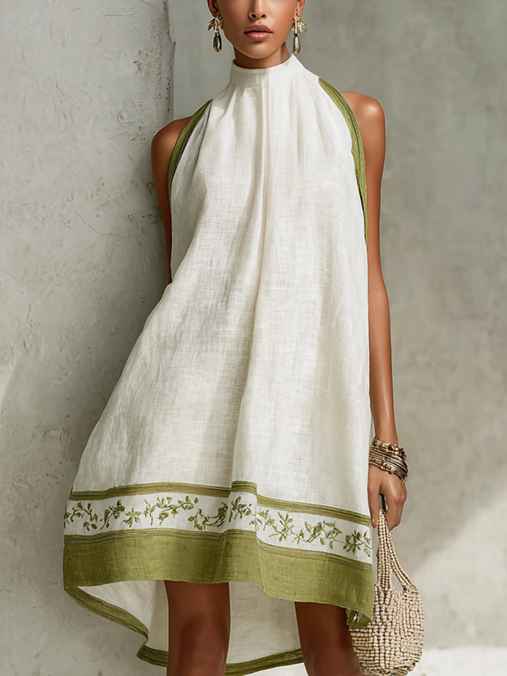 Agathe | Robe Mini A-Line Sans Manches Blanche et Vert Olive avec Fleurs