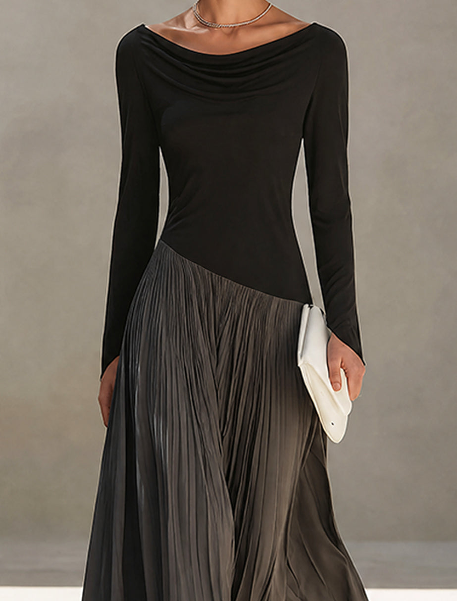 Franca | Robe Maxi Plissée avec Col Drapé Bicolore Noir et Gris