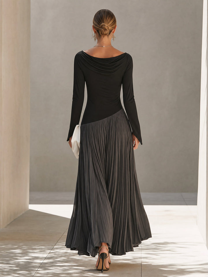 Franca | Robe Maxi Plissée avec Col Drapé Bicolore Noir et Gris