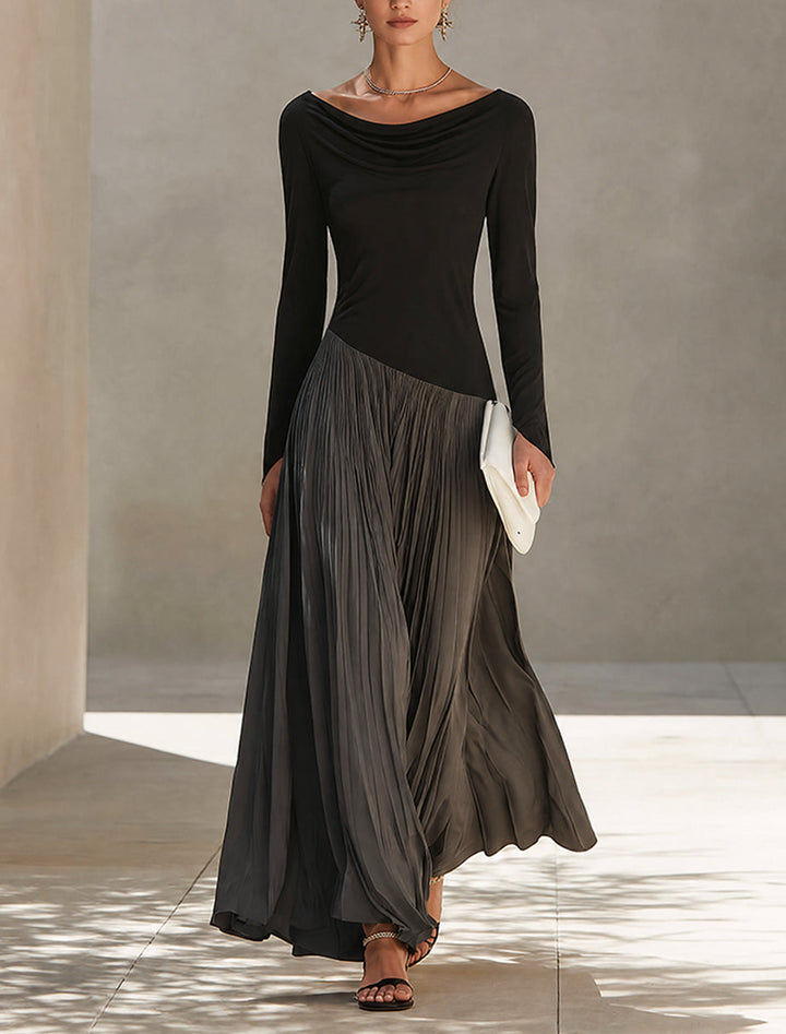 Franca | Robe Maxi Plissée avec Col Drapé Bicolore Noir et Gris