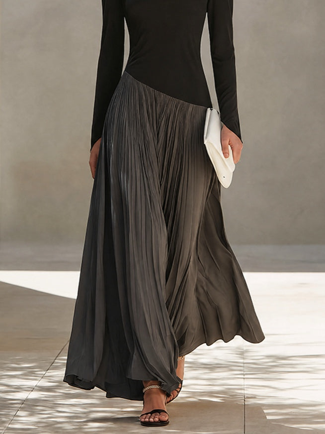 Franca | Robe Maxi Plissée avec Col Drapé Bicolore Noir et Gris