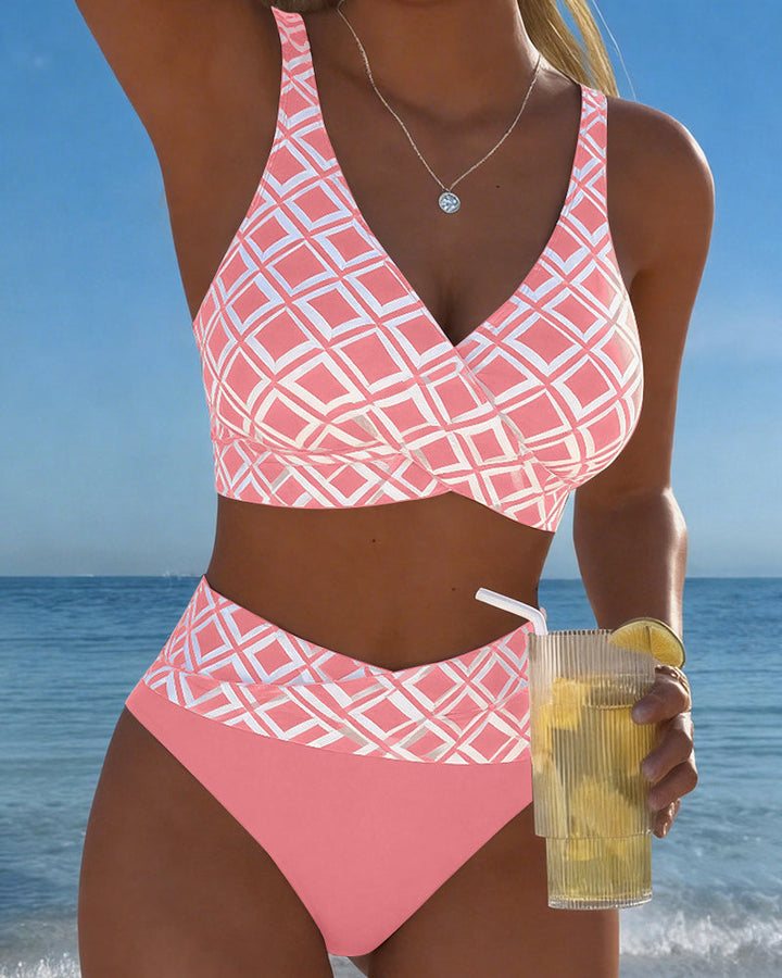 Maillot De Bain Deux Pièces Style Soutien-Gorge À Motif Diamant