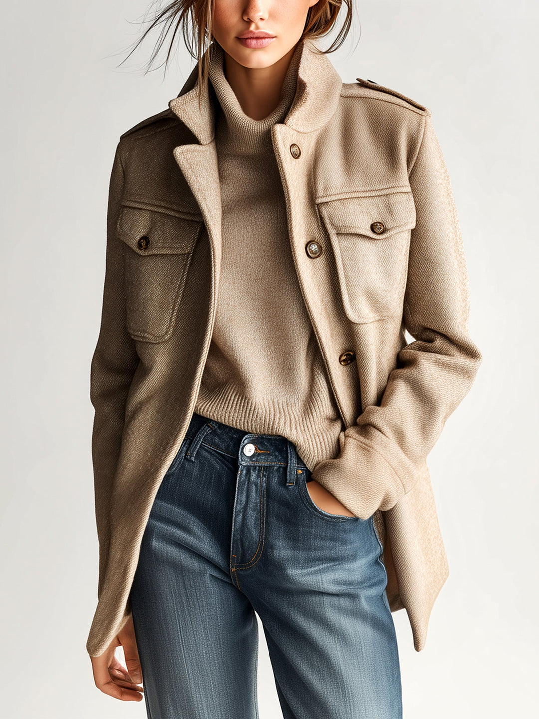 Manteau court vintage décontracté en mélange de laine kaki à col montant et épaulettes à poches multiples