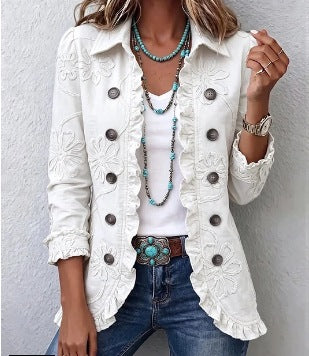 Veste Camilla boho-chic ivoire brodée à finitions volantées