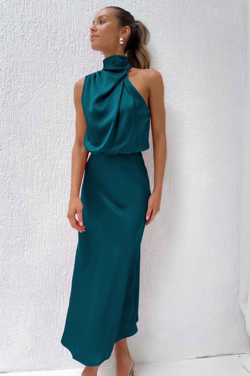 LOVETTE | Robe Maxi Satin Asymétrique à Col Halter