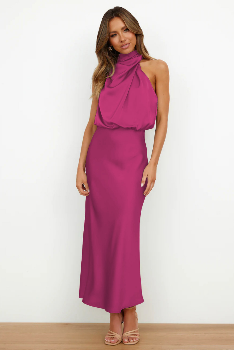 LOVETTE | Robe Maxi Satin Asymétrique à Col Halter