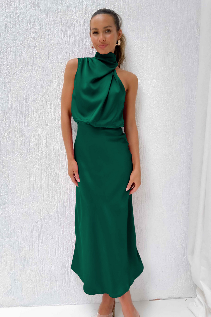 LOVETTE | Robe Maxi Satin Asymétrique à Col Halter