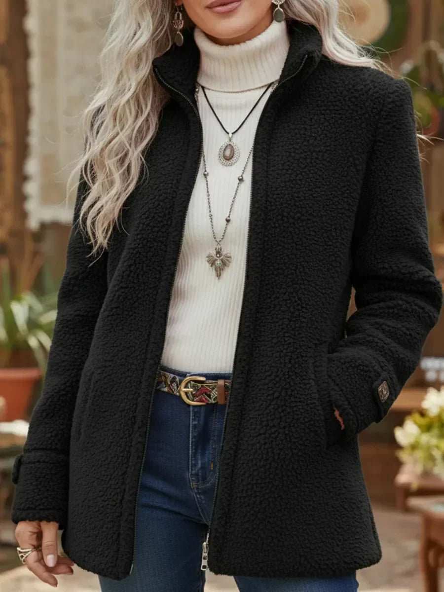 Chanelle | Veste à col montant en laine d'agneau avec fermeture éclair intégrale