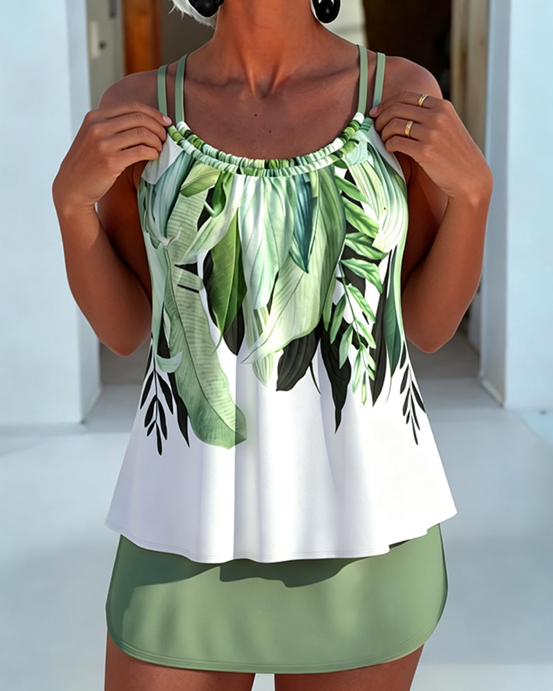 Tankini Vert Feuille Imprimé Cami Jupe