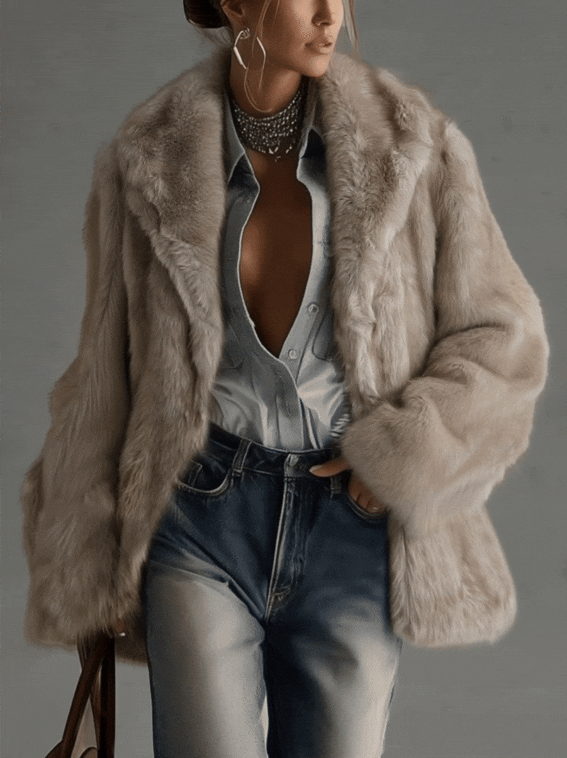 Manteau Oversized en Fourrure Synthétique Taupe Doux à Manches Longues