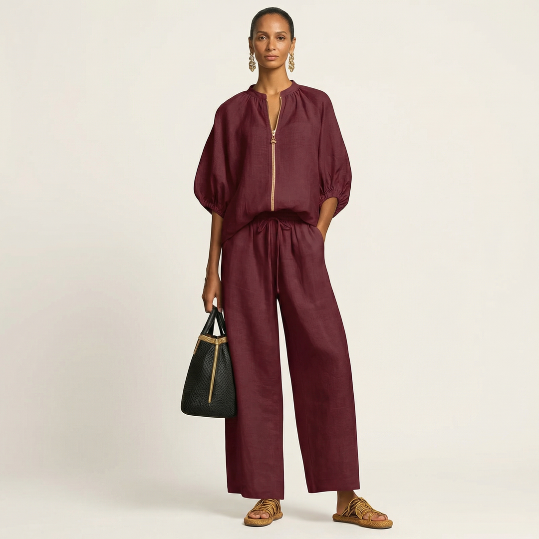 Miriam | Ensemble avec Manches Bouffantes et Fermeture Éclair Frontale 6 couleurs