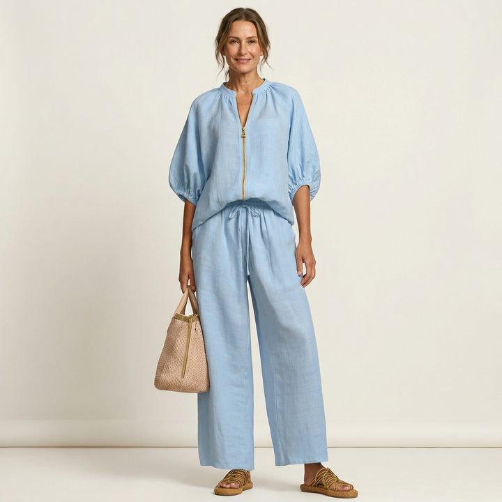 Miriam | Ensemble avec Manches Bouffantes et Fermeture Éclair Frontale 6 couleurs