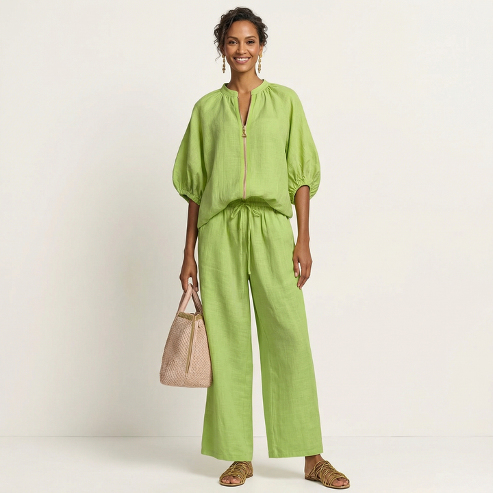 Miriam | Ensemble avec Manches Bouffantes et Fermeture Éclair Frontale 6 couleurs