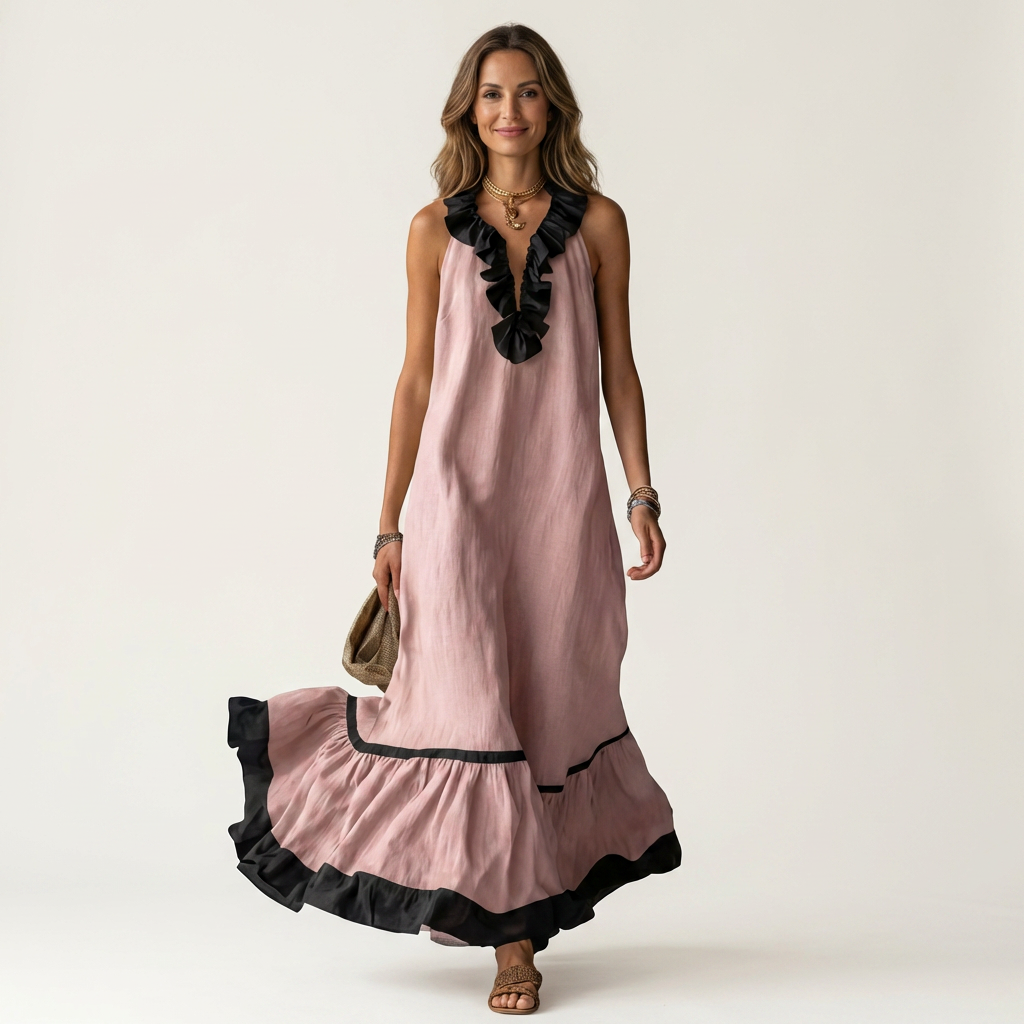 Miranda | Robe Maxi Sans Manches avec Col Volant et Bord Contrasté 7 couleurs