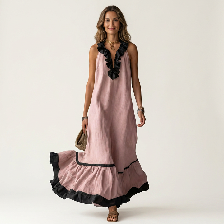 Miranda | Robe Maxi Sans Manches avec Col Volant et Bord Contrasté 7 couleurs