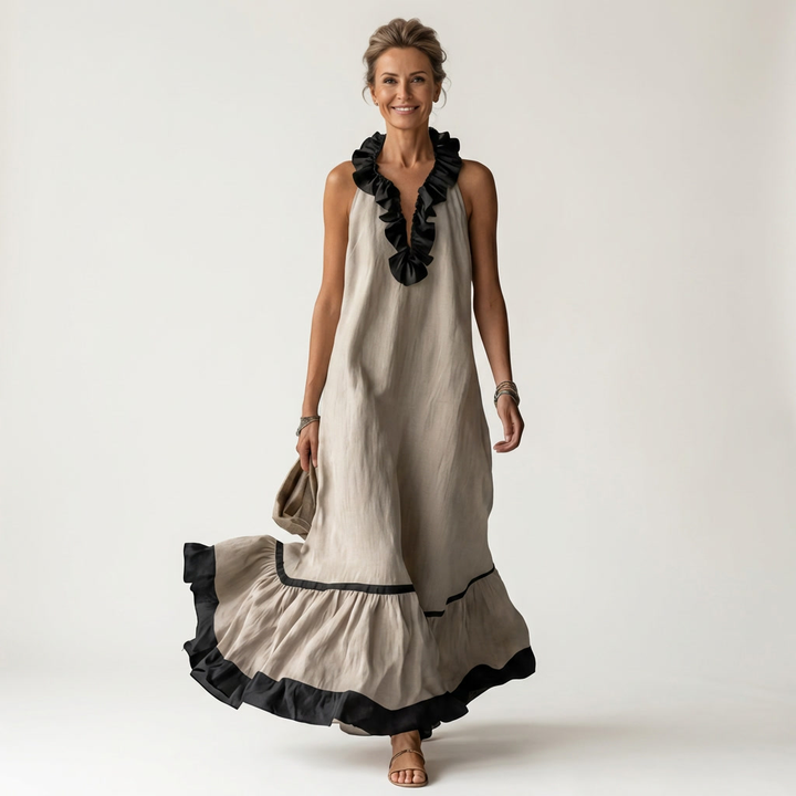 Miranda | Robe Maxi Sans Manches avec Col Volant et Bord Contrasté 7 couleurs