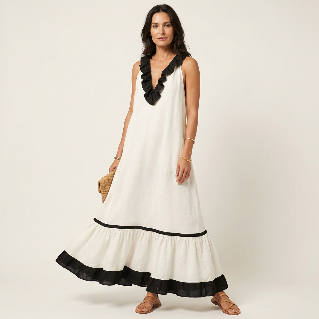 Miranda | Robe Maxi Sans Manches avec Col Volant et Bord Contrasté 7 couleurs