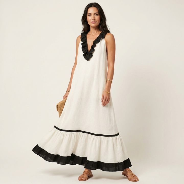 Miranda | Robe Maxi Sans Manches avec Col Volant et Bord Contrasté 7 couleurs