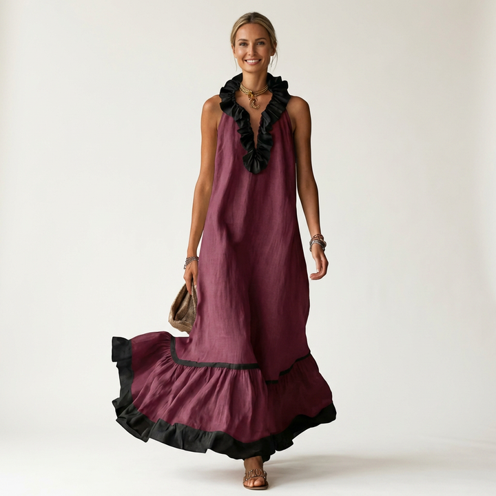 Miranda | Robe Maxi Sans Manches avec Col Volant et Bord Contrasté 7 couleurs