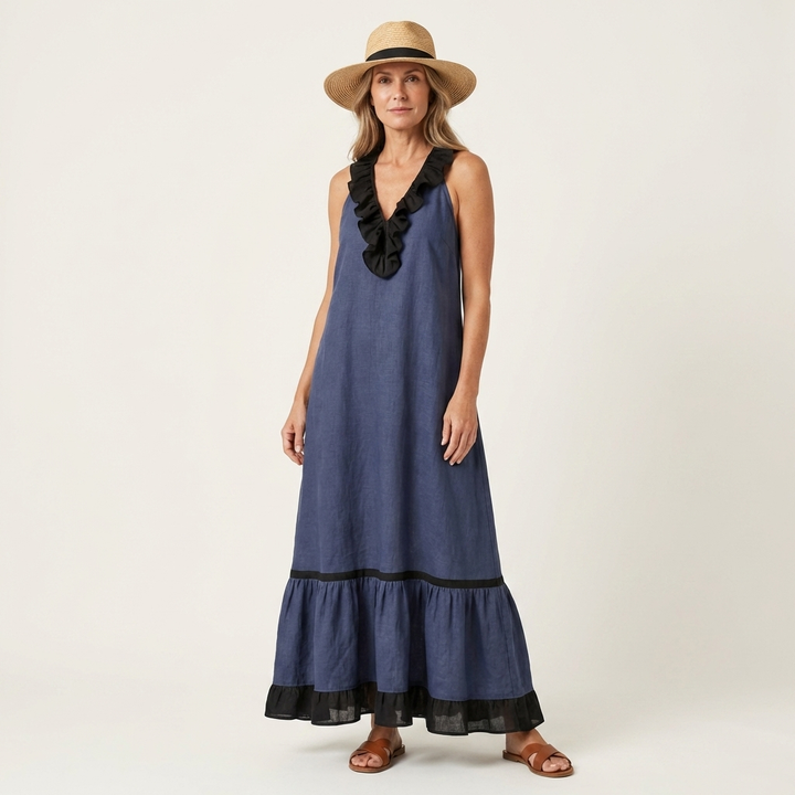 Miranda | Robe Maxi Sans Manches avec Col Volant et Bord Contrasté 7 couleurs