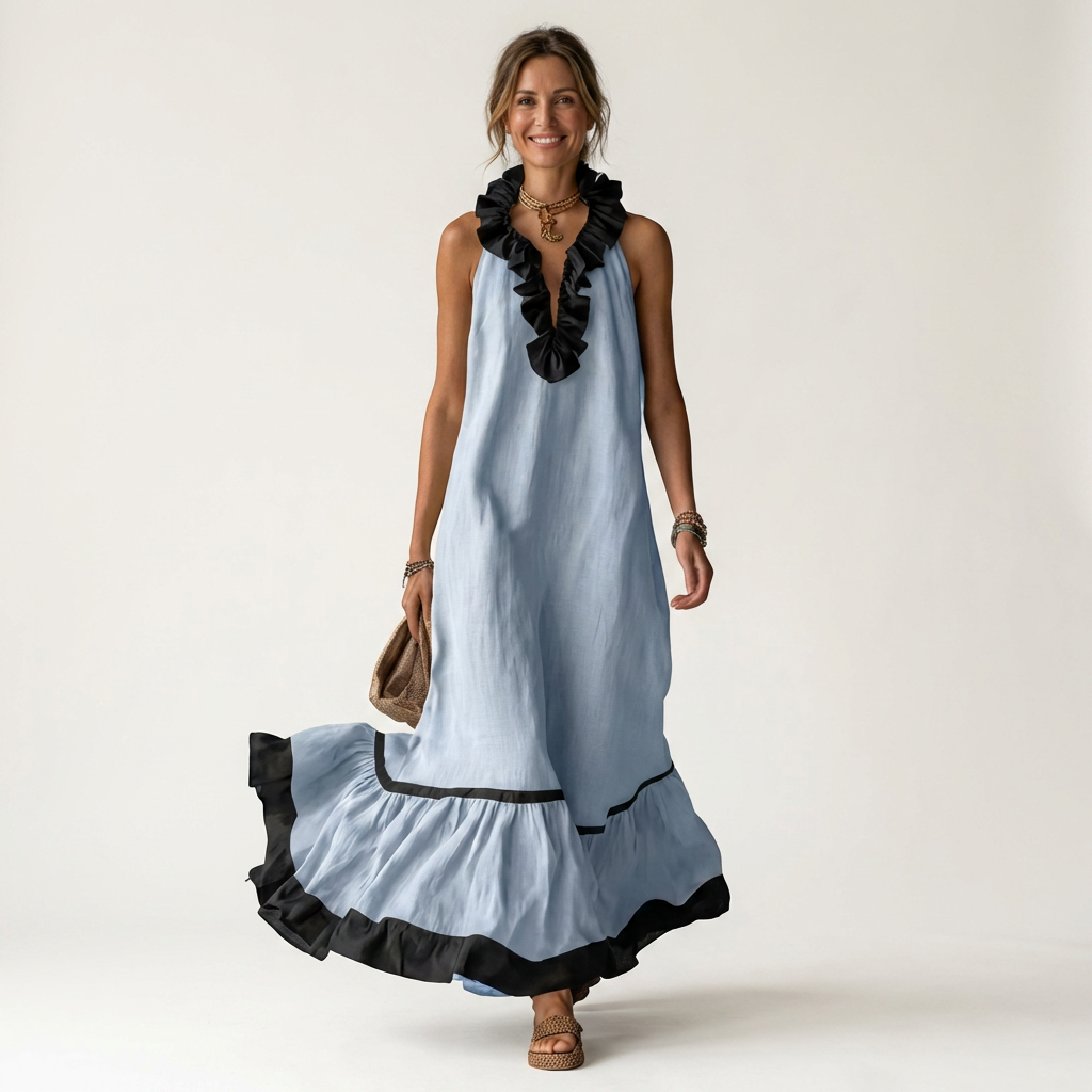 Miranda | Robe Maxi Sans Manches avec Col Volant et Bord Contrasté 7 couleurs