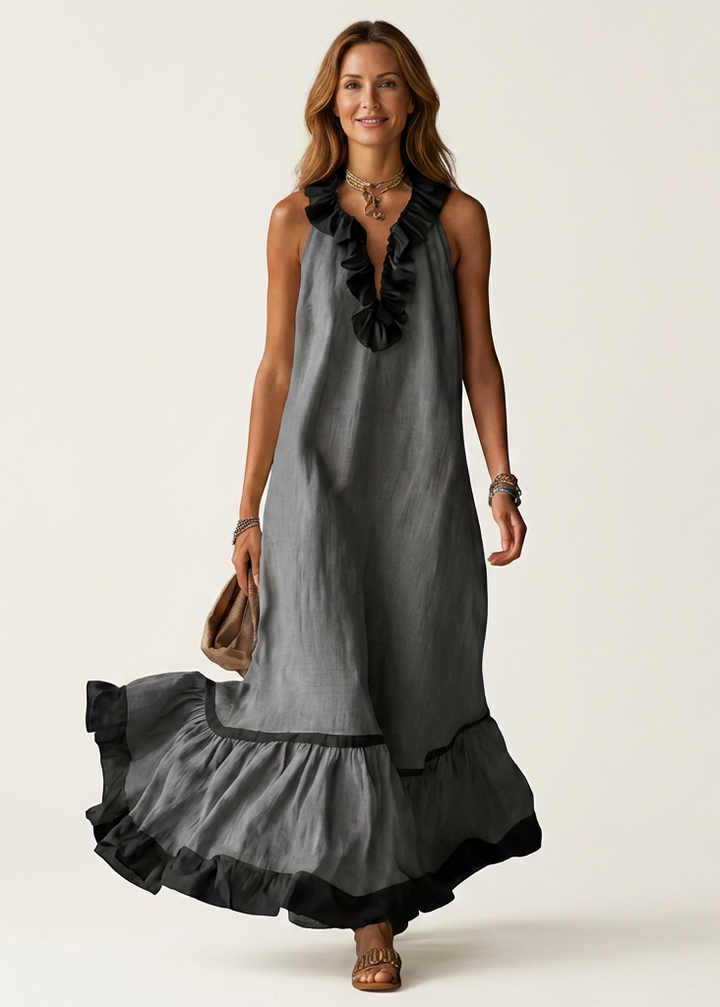 Miranda | Robe Maxi Sans Manches avec Col Volant et Bord Contrasté 7 couleurs