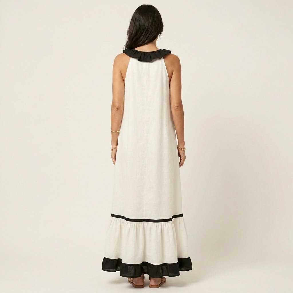 Miranda | Robe Maxi Sans Manches avec Col Volant et Bord Contrasté 7 couleurs