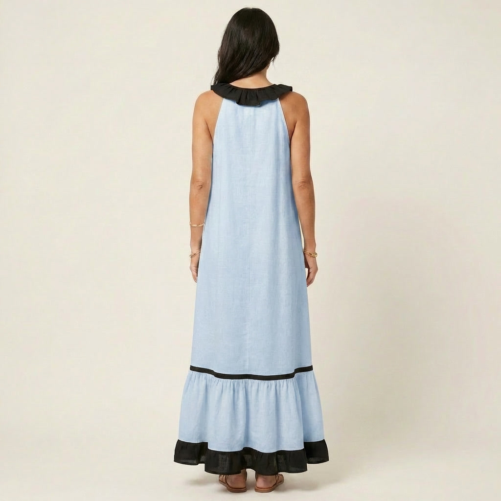 Miranda | Robe Maxi Sans Manches avec Col Volant et Bord Contrasté 7 couleurs