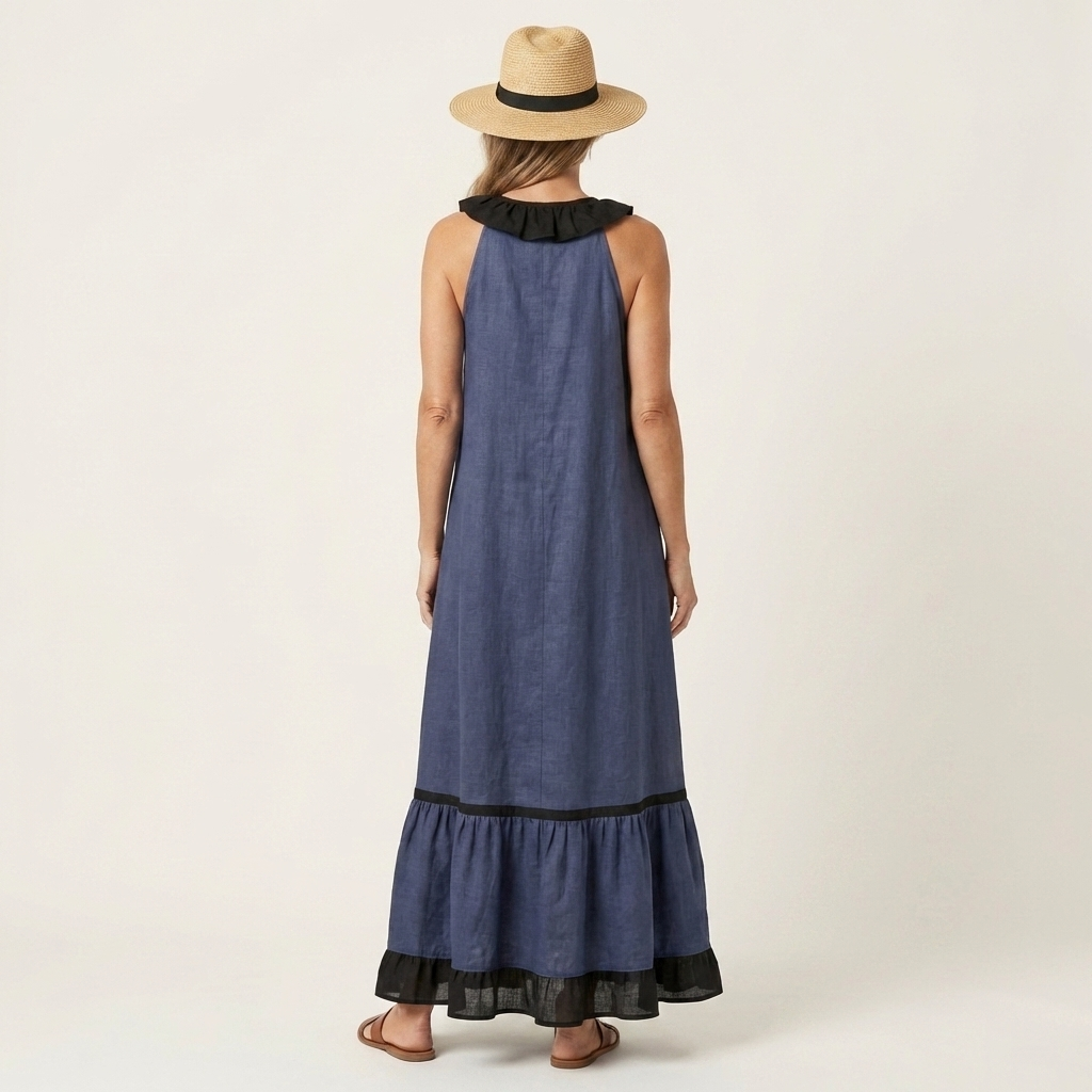 Miranda | Robe Maxi Sans Manches avec Col Volant et Bord Contrasté 7 couleurs