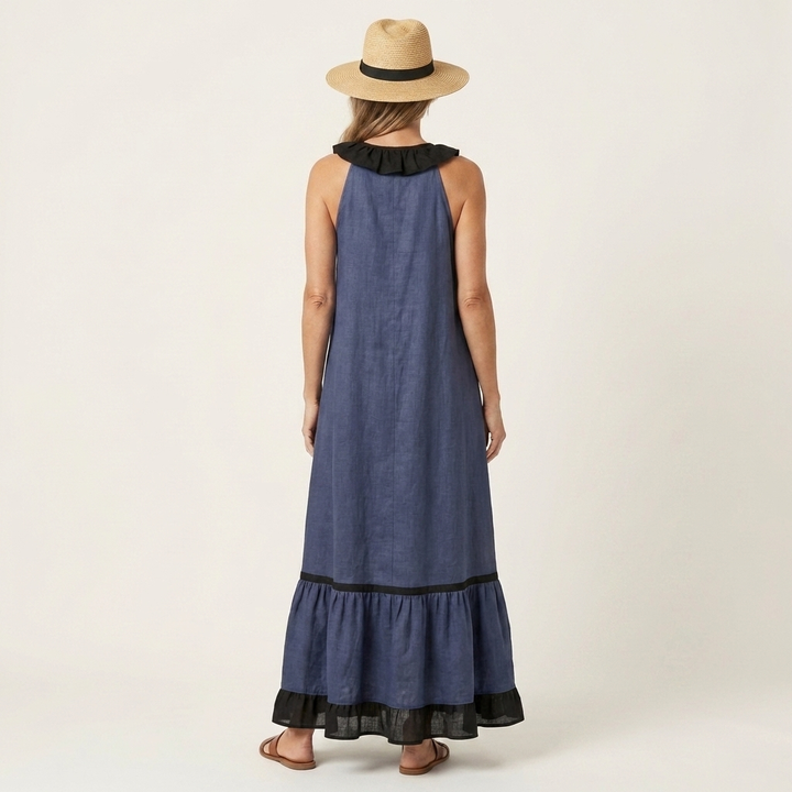 Miranda | Robe Maxi Sans Manches avec Col Volant et Bord Contrasté 7 couleurs