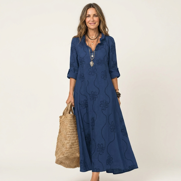 Mariam | Robe Maxi en Coton-Lin avec Broderie Florale