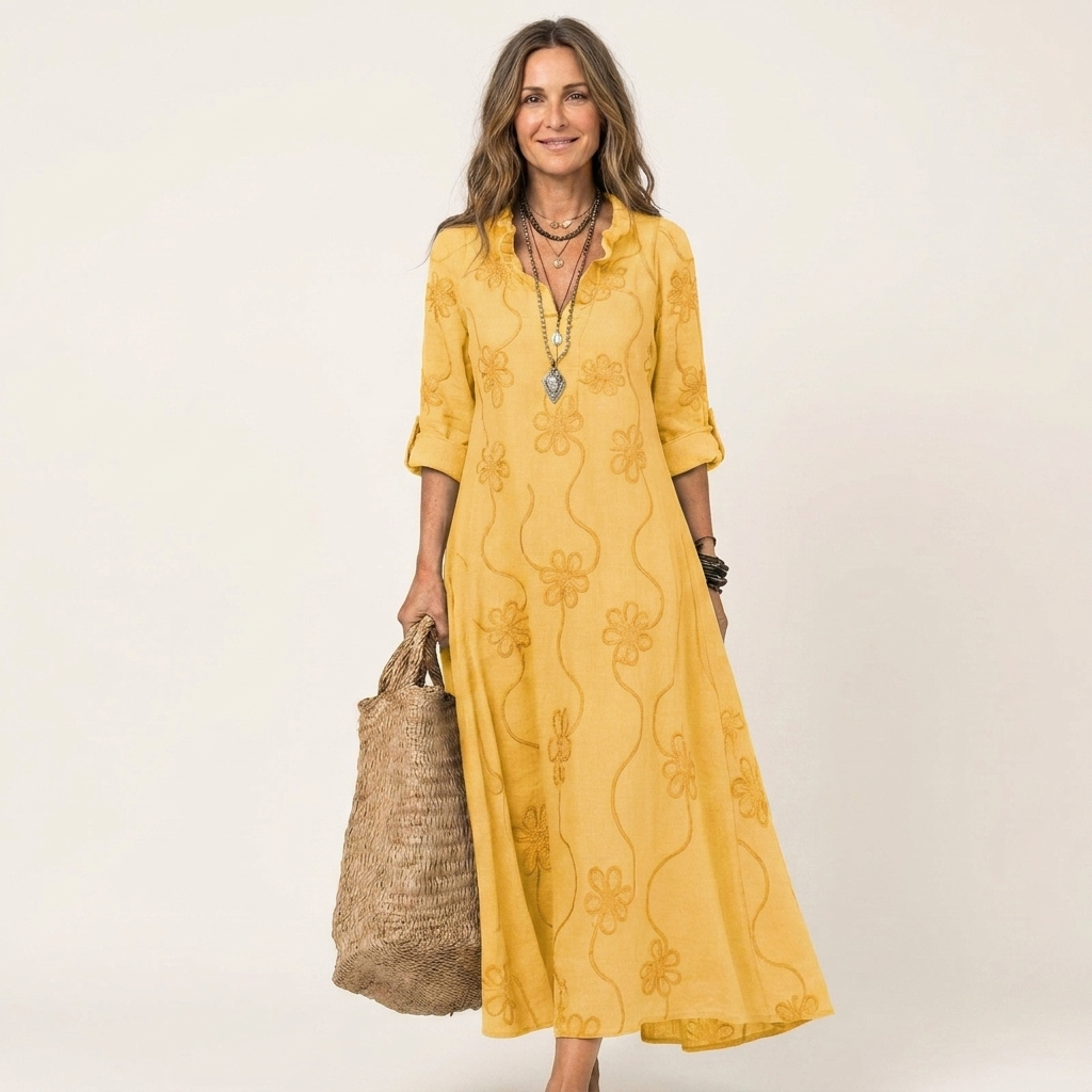 Mariam | Robe Maxi en Coton-Lin avec Broderie Florale